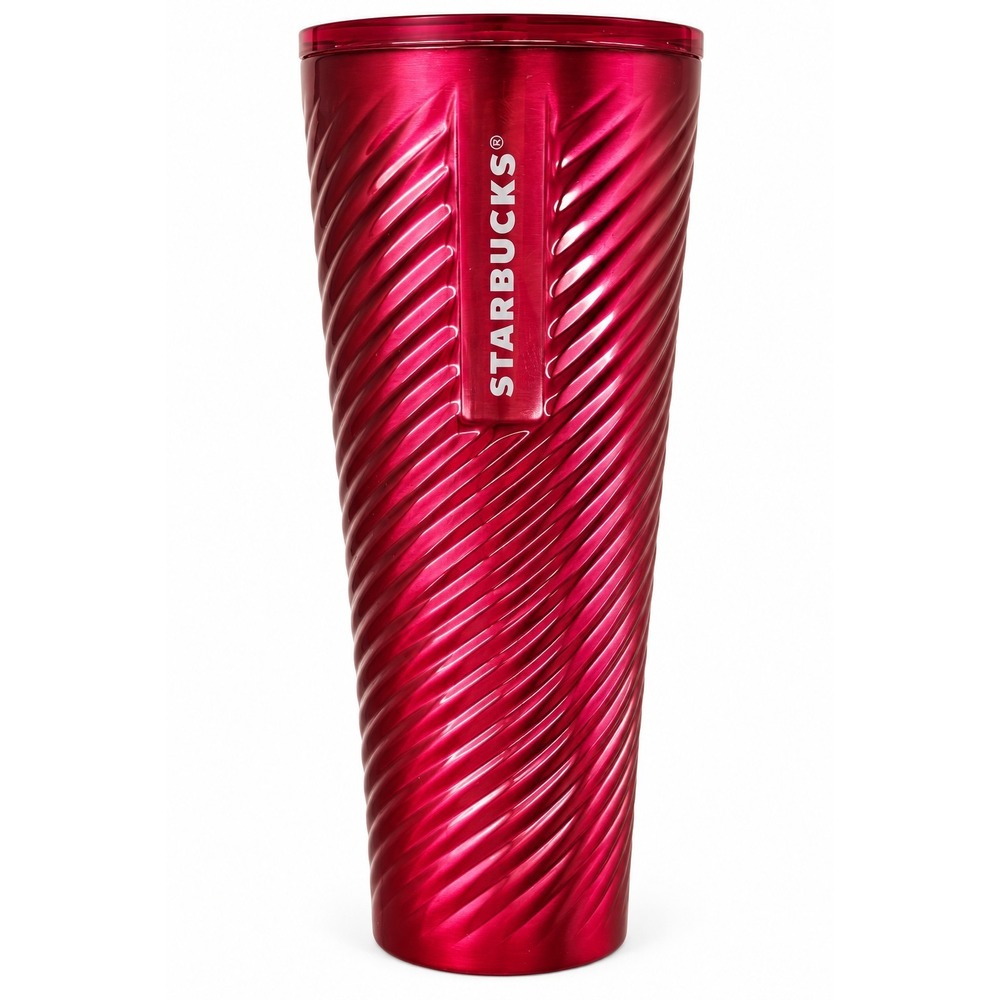 Starbucks 2023 Red Metallic Swirl Tumbler 24 oz Cold Cup Textured w/Lid